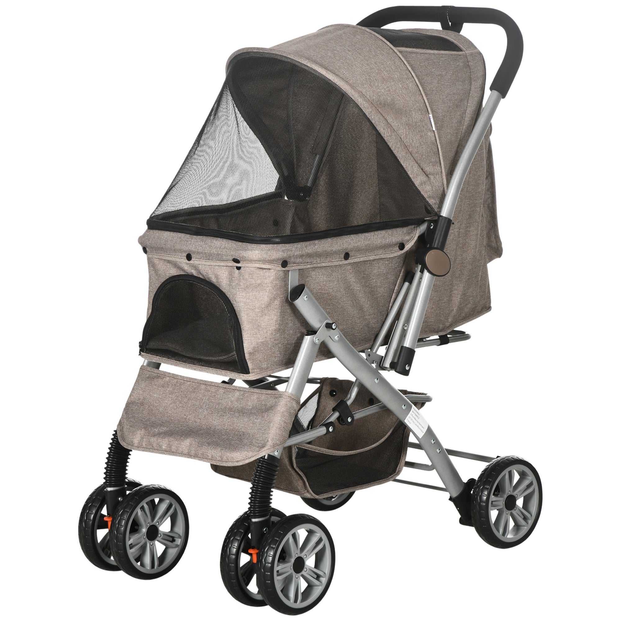 Dog/Pet Stroller for Small Dogs/Cats, 4 Wheels One-Click Fold with Swivel Wheels, Brake, Basket Storage, Safety Belts, Adjustable Canopy, Zippered Mesh Window Door, Brown