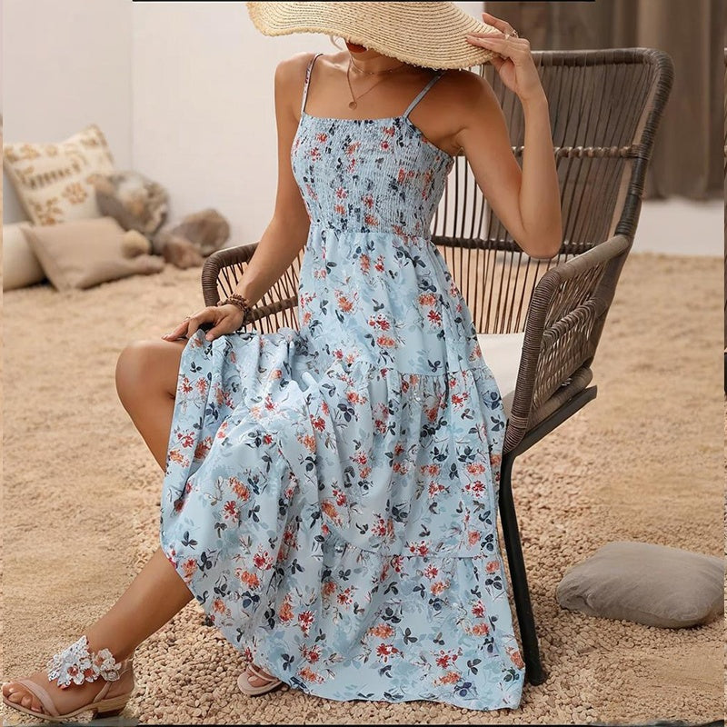 Women's Floral Midi Dress, Smocked Bodice, Spaghetti Strap, Tiered Summer Dress