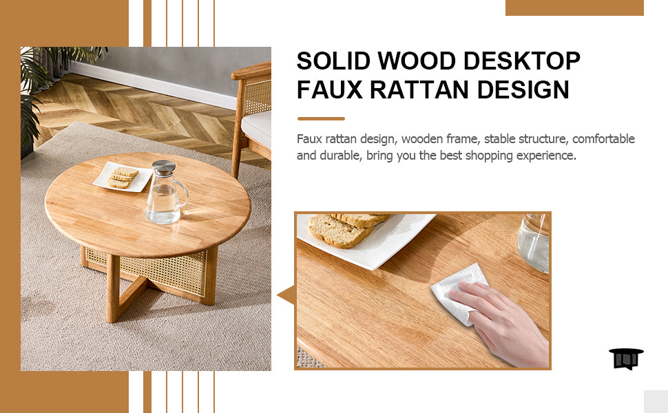 Naturally Elegant Wooden Coffee Table with Faux Rattan Accents