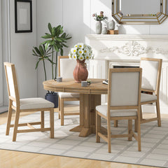 5-Piece Dining Set Extendable Round Table and 4 Chairs Farmhouse Dining Set - Natural Wood Wash