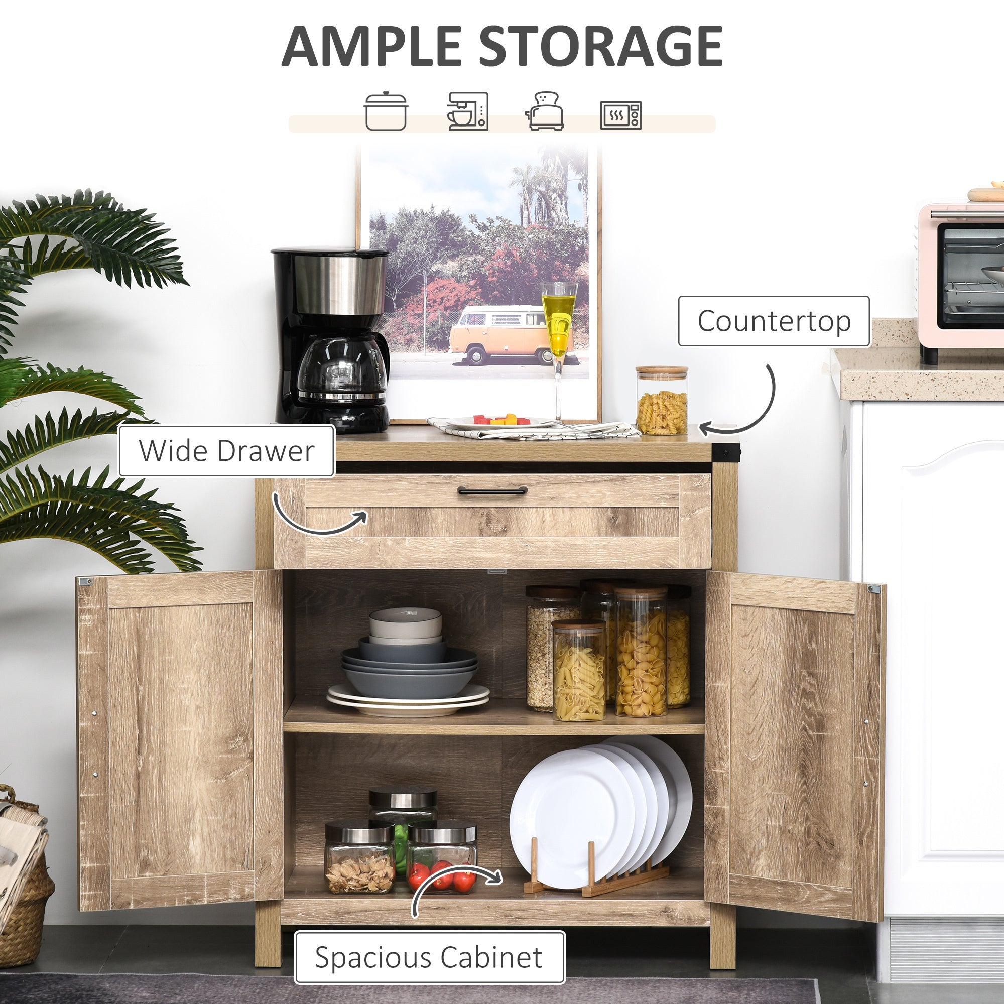 Farmhouse Sideboard Buffet Cabinet with Drawer and Adjustable Shelf - Oak
