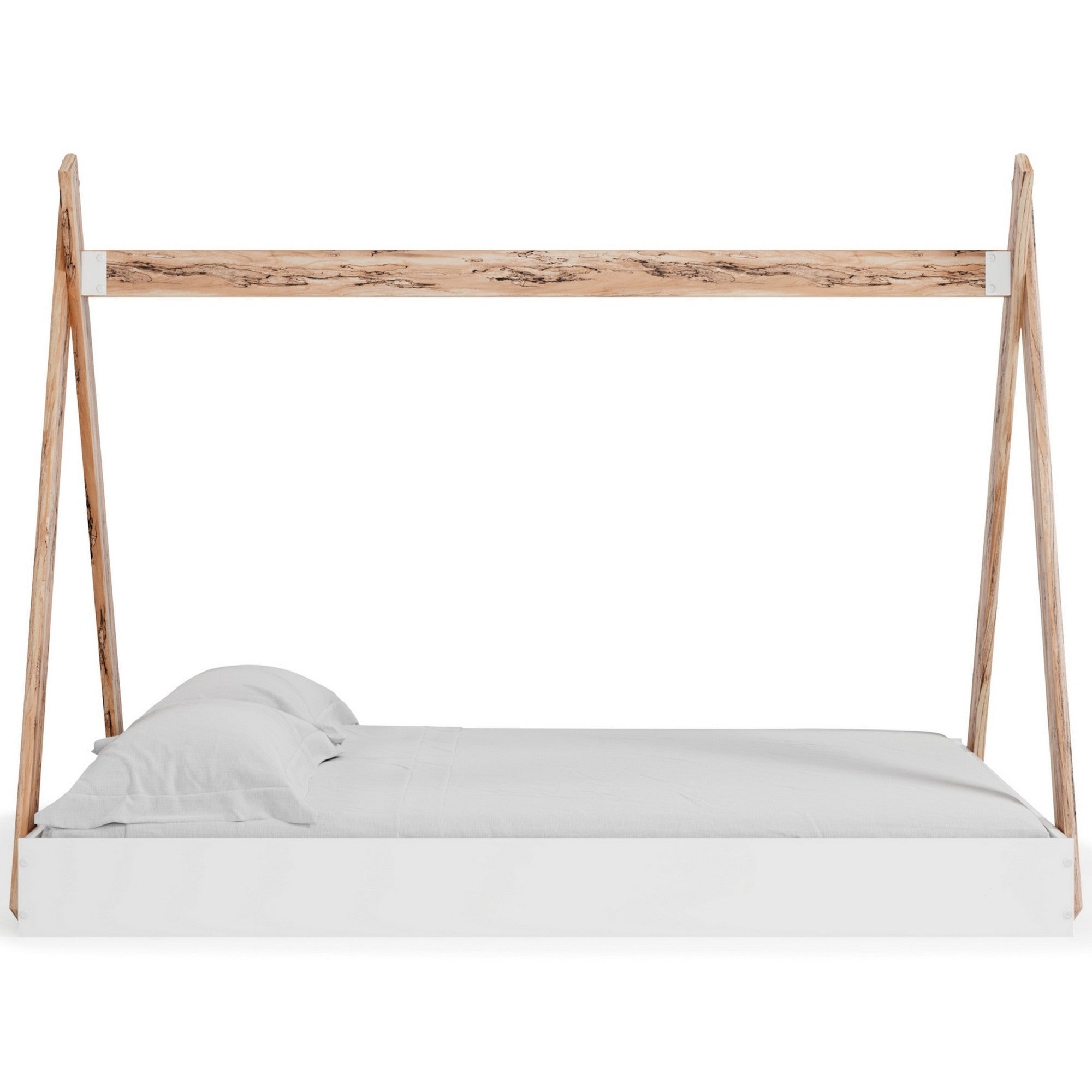 Modern Full Bed, Crossed Wood A Frame Tent Stand, Crisp White Base