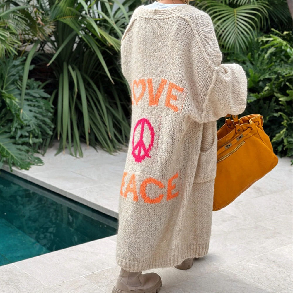 Cozy Women's Love Peace Graphic Oversized Cardigan Sweater Long Sleeve
