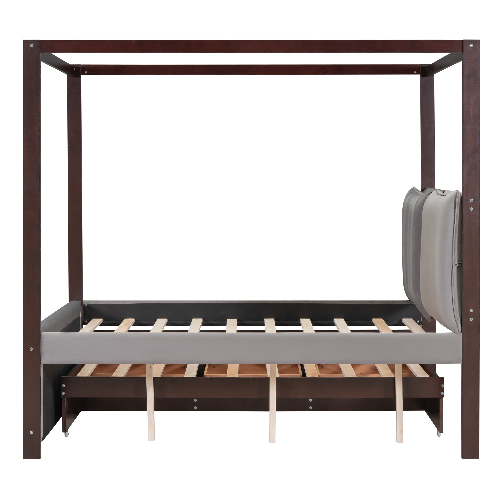 Full Size Upholstered  Canopy Bed with Trundle and 3 Drawers - Gray