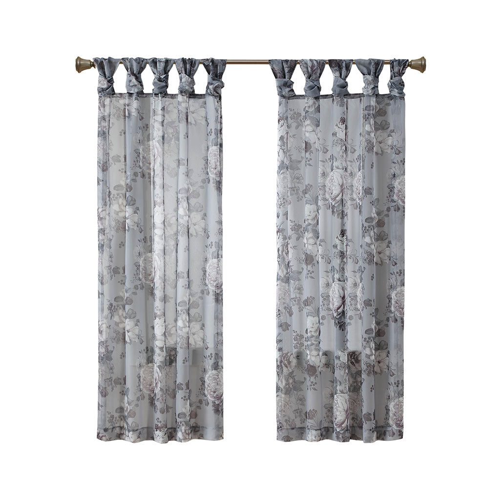Printed Floral Twist Tab Top Voile Sheer Curtain - Grey