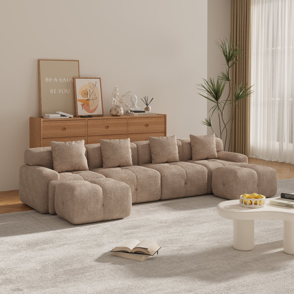 135.4' 6-Piece U-Shaped Sleeper Modular Sectional Sofa Bed Chaise, Oversized 4-Seater Boneless Convertible Block Cloud Tufted Floor Corner Couch Set with 2 Ottomans & 4 Pillows for Living Room, Taupe