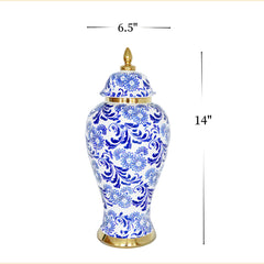 14"H White Ceramic Ginger Jar Vase with Blue & Gold Accents and Removable Lid