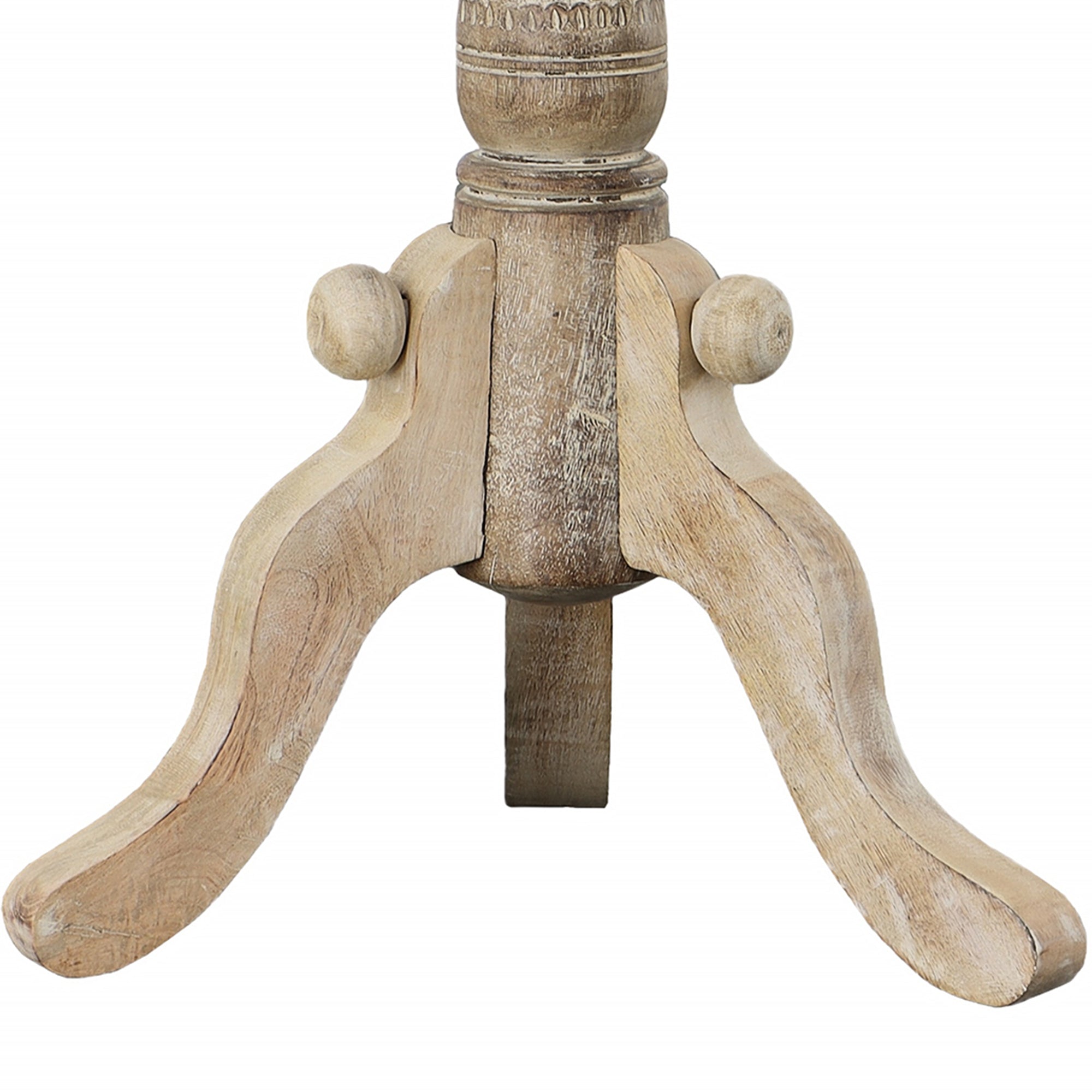 French Style Intricately Carved Round Top Mango Wood Side End Table with Pedestal Base - Natural and White