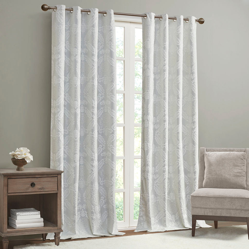50x95" Knitted Jacquard Paisley Total Blackout Grommet Top Curtain Panel - White