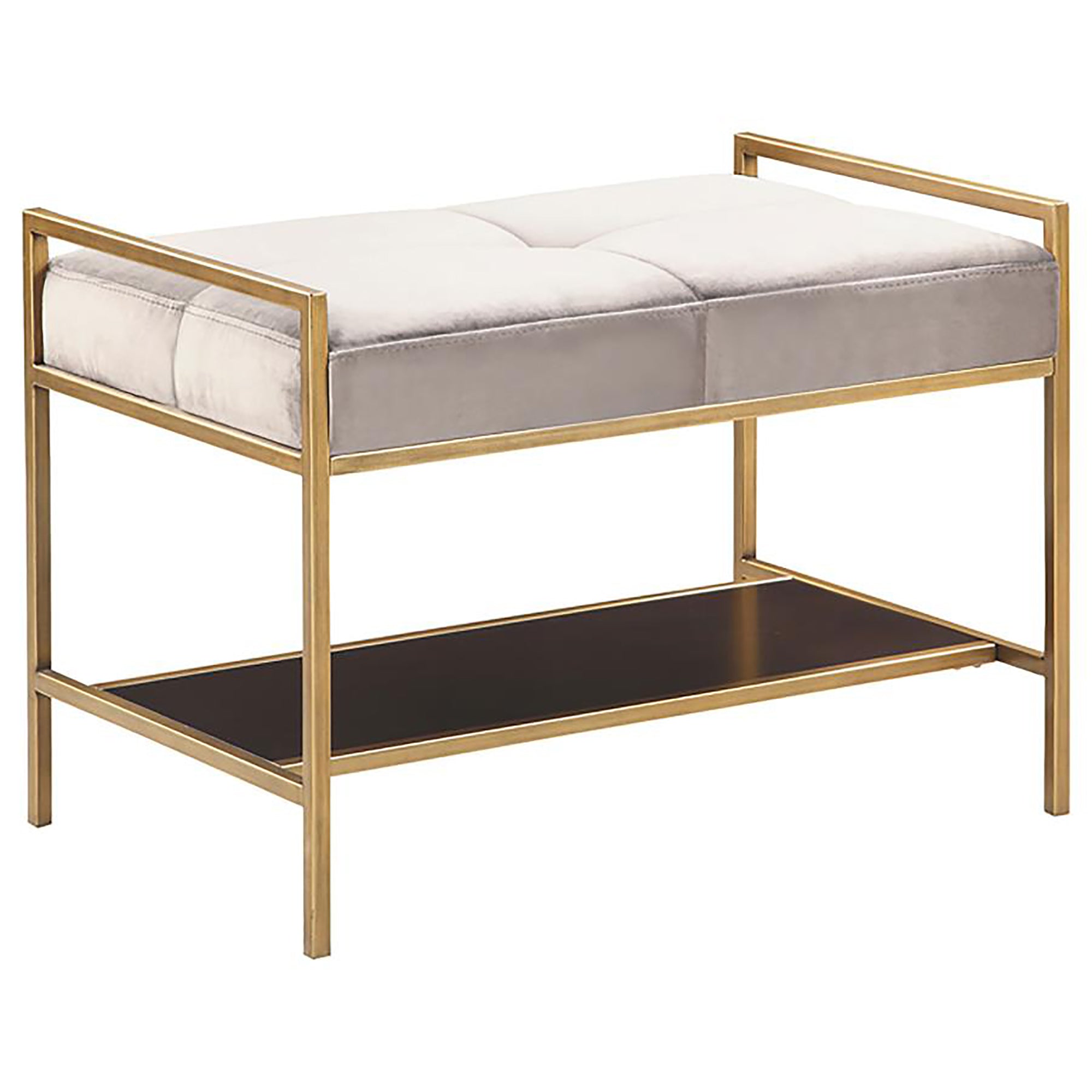 Grey and Gold Upholstered Bench with Bottom Shelf