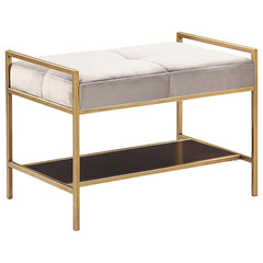 Grey and Gold Upholstered Bench with Bottom Shelf