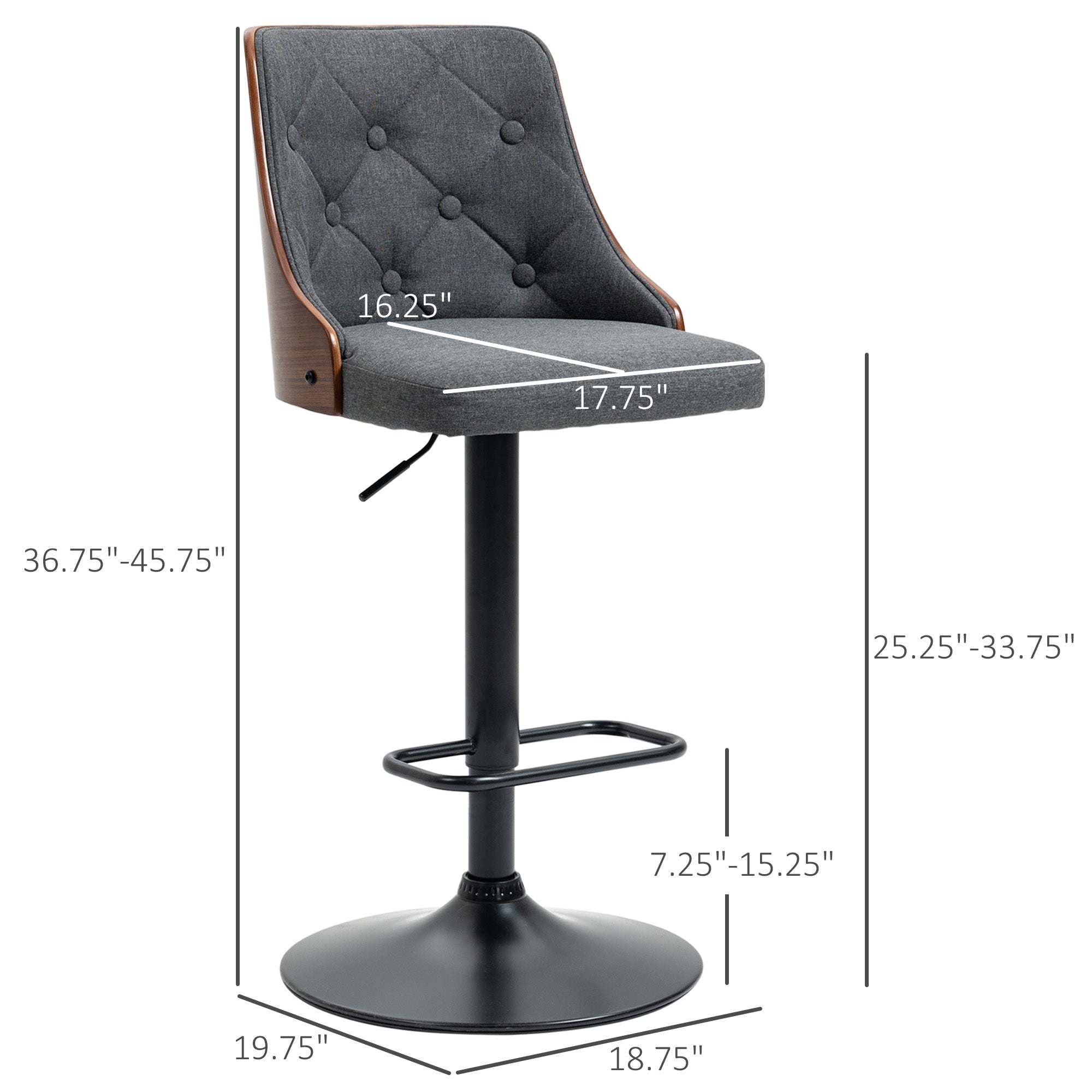Set of 2 Counter Height Bar Stools, Height Adjustable Swivel Barstools with Footrest and Tufted Back, Linen Fabric Bar Chairs, Dark Grey