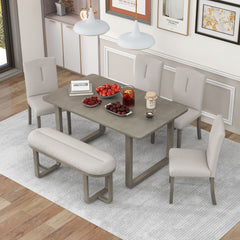 6-Piece Retro-Style Dining Set Includes Dining Table, 4 Upholstered Chairs & Bench with Foam-covered Seat Backs & Cushions - Light Khaki + Beige