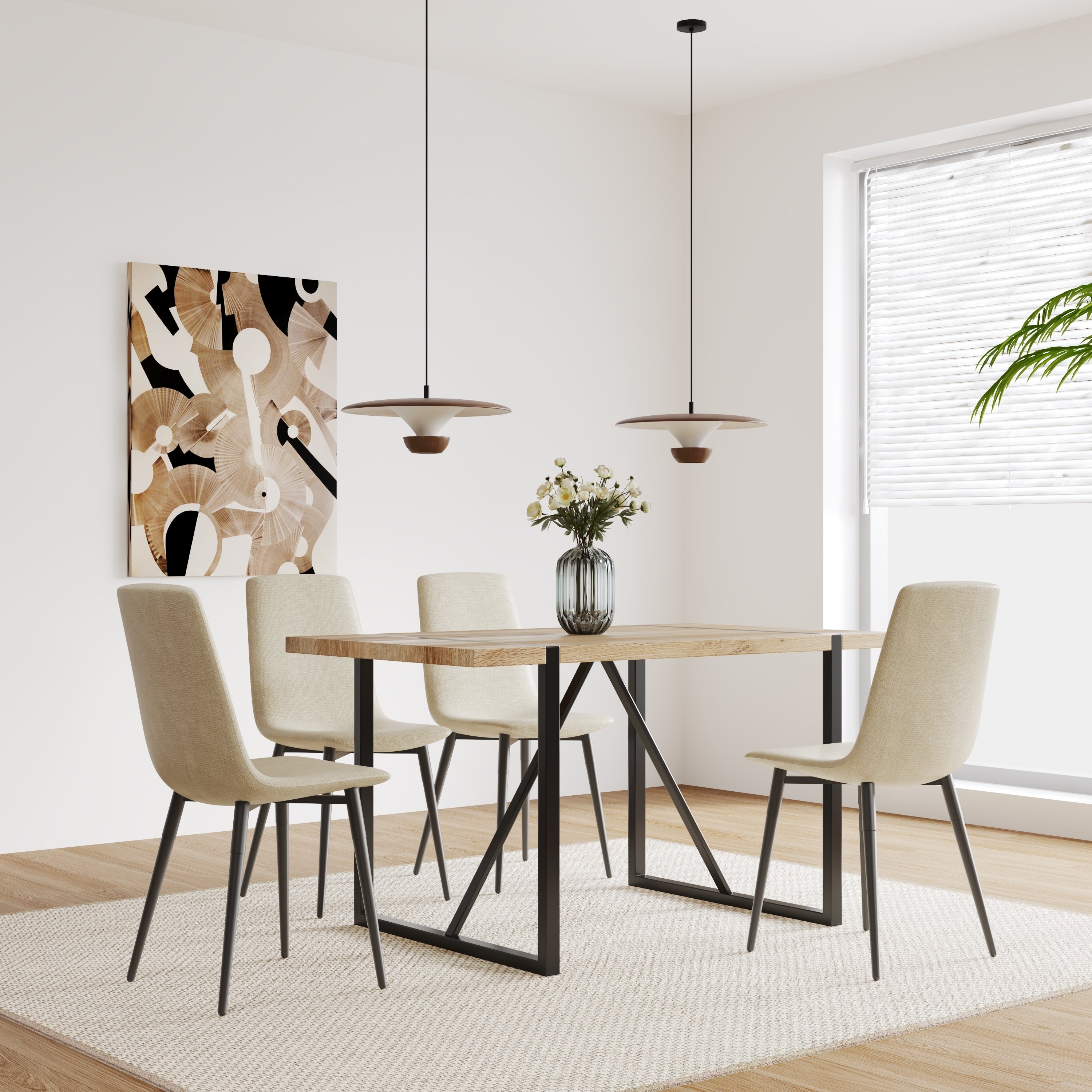 Set of 4 Modern Kitchen Dining Room Chairs, Cushion Seat and Sturdy Black Metal Legs - Beige