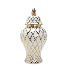 16.50"H White and Gold Ceramic Decorative Ginger Jar Vase