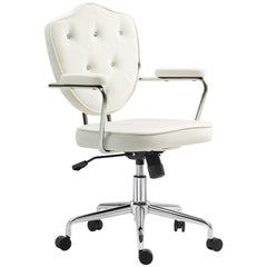 Cute Home Office Chair, Computer Desk Chair with Button Tufted Velvet-Feel Fabric, Swivel Vanity Chair, Cream White