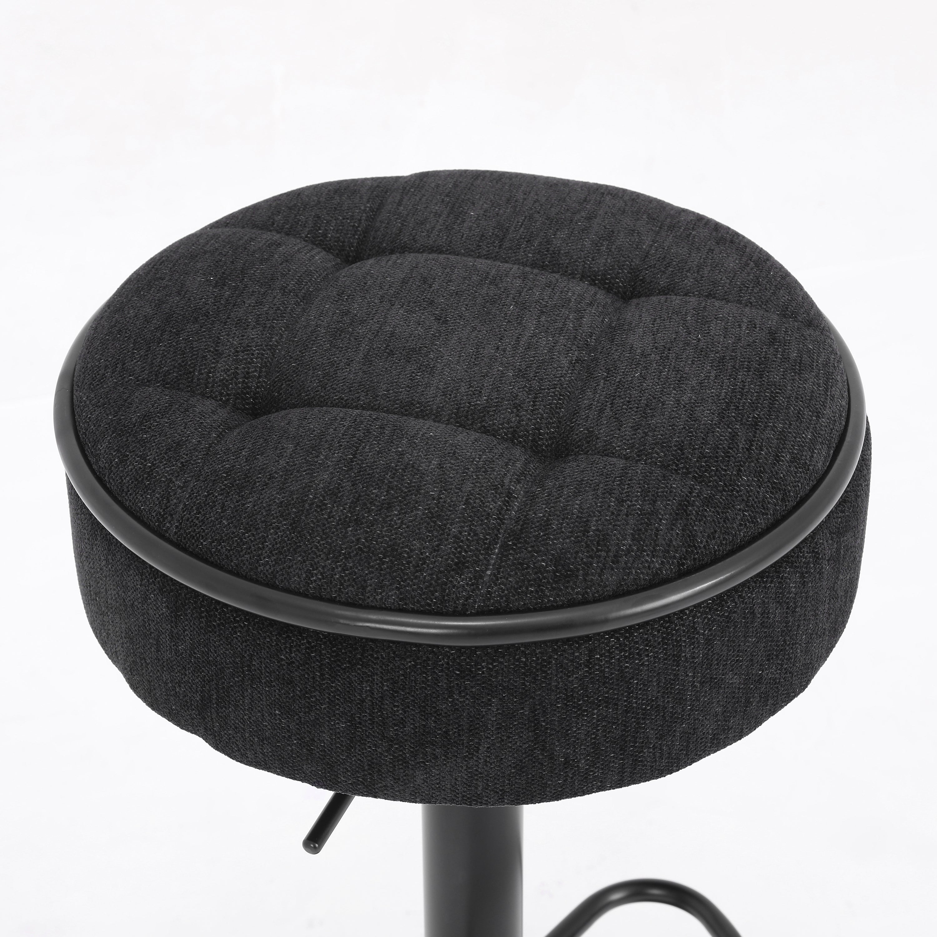 Set of 2 Round Storage Bar Stool Black Linen Height Adjustable Barstool, 360°Counter Height Swivel