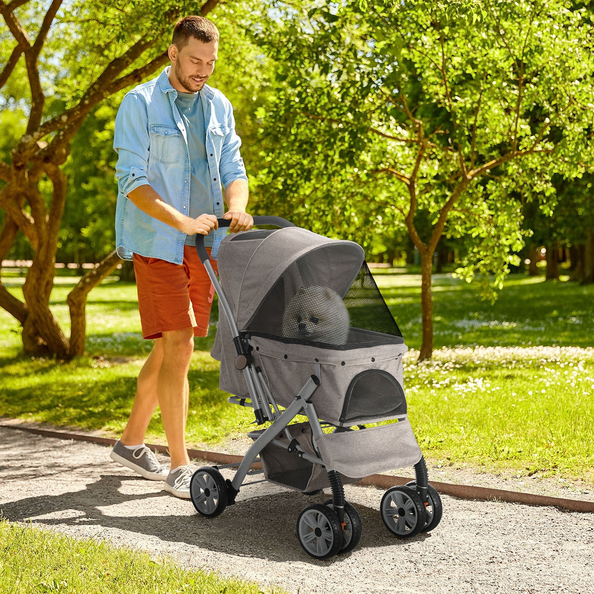 Dog/Pet Stroller for Small Dogs/Cats, 4 Wheels One-Click Fold with Swivel Wheels, Brake, Basket Storage, Safety Belts, Adjustable Canopy, Zippered Mesh Window Door, Brown