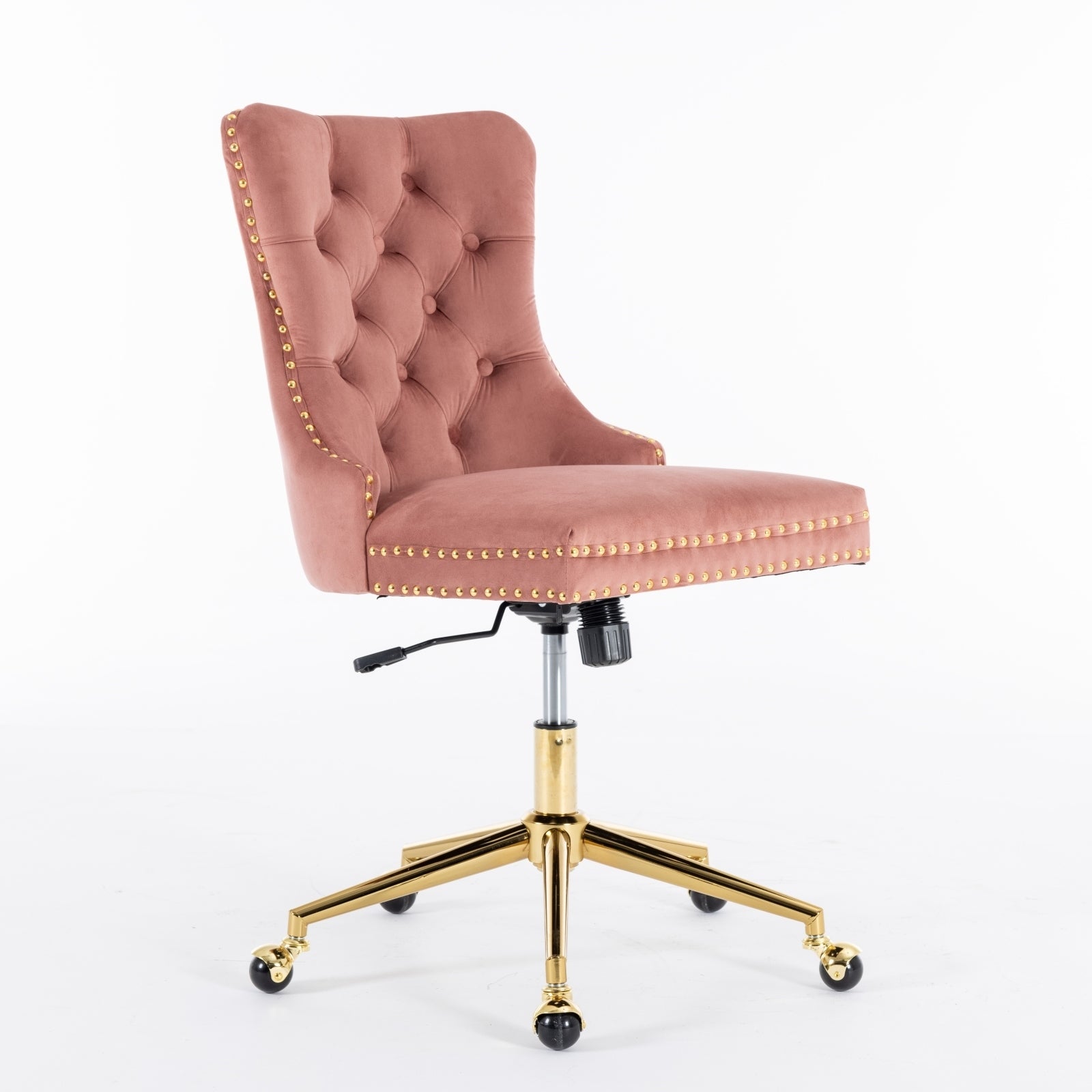 Velvet Upholstered Tufted Button Home Office Chair with Golden Metal Base, Adjustable Desk Chair Swivel Office Chair - Pink