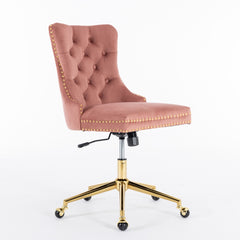 Velvet Upholstered Tufted Button Home Office Chair with Golden Metal Base, Adjustable Desk Chair Swivel Office Chair - Pink