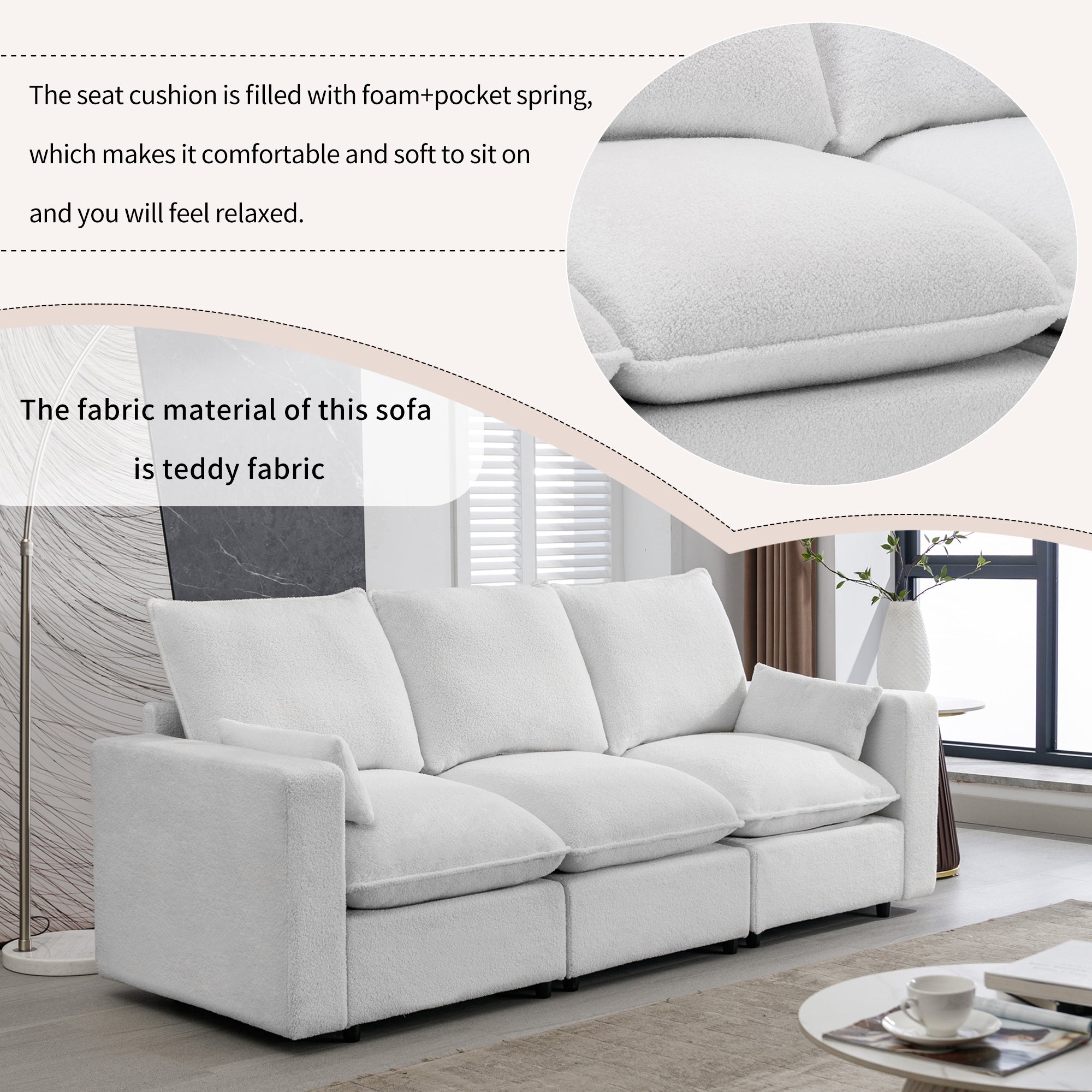 Teddy Fabric Couch 3 Seat Sofa with Removable Back and Seat Cushions and 2 Pillows