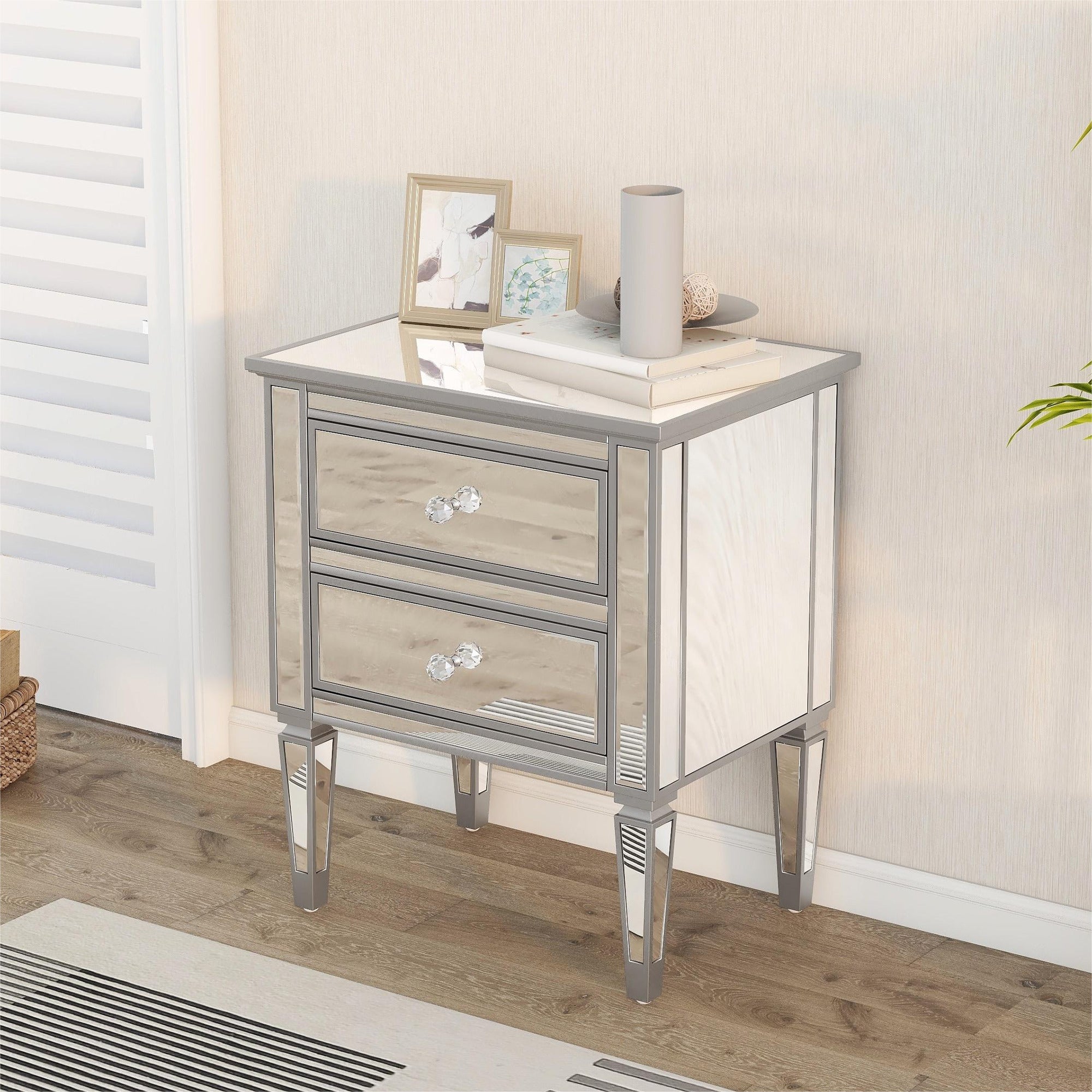 Elegant Mirrored Side Table with 2 Drawers, Modern Silver Finished