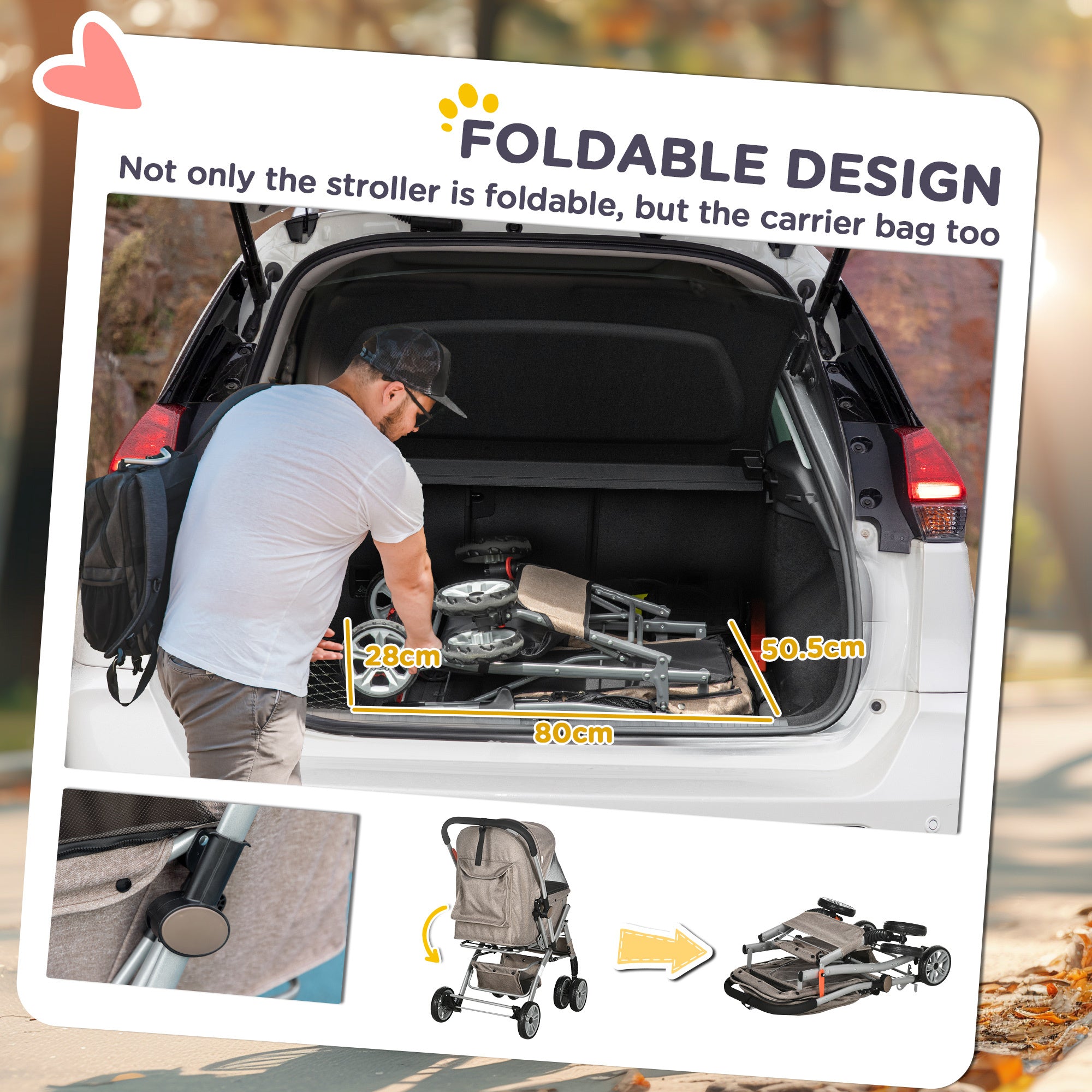 Dog/Pet Stroller for Small Dogs/Cats, 4 Wheels One-Click Fold with Swivel Wheels, Brake, Basket Storage, Safety Belts, Adjustable Canopy, Zippered Mesh Window Door, Brown