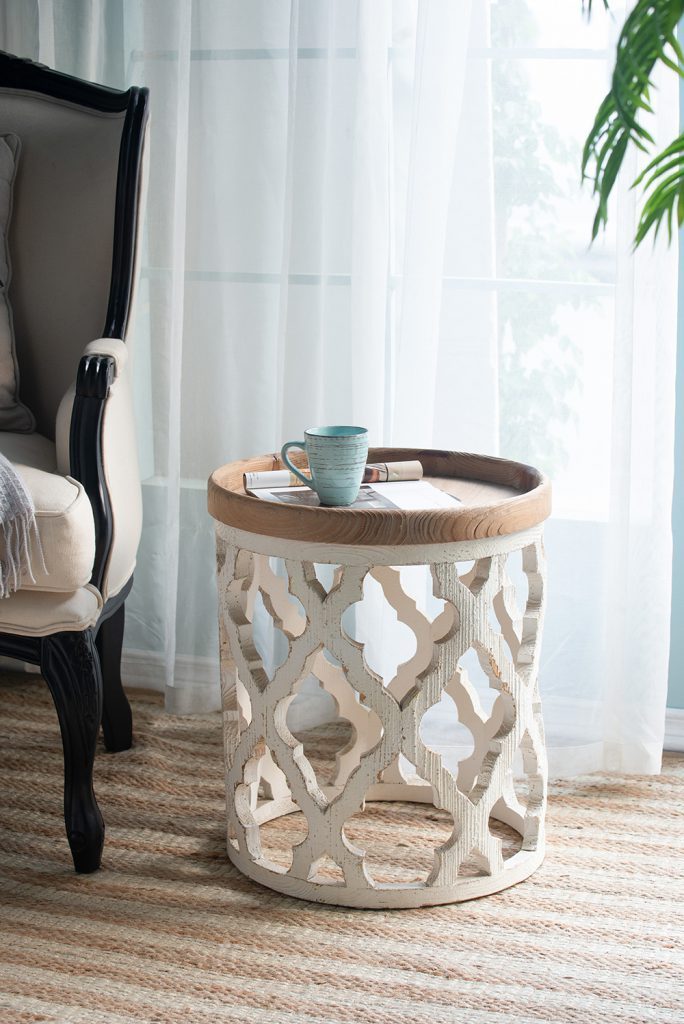 French Country Large Distressed White Side Table 23"