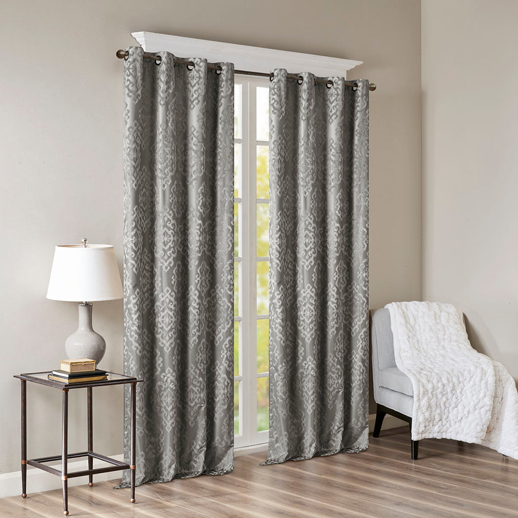 50x84" Knitted Jacquard Damask Total Blackout Grommet Top Curtain Panel - Charcoal