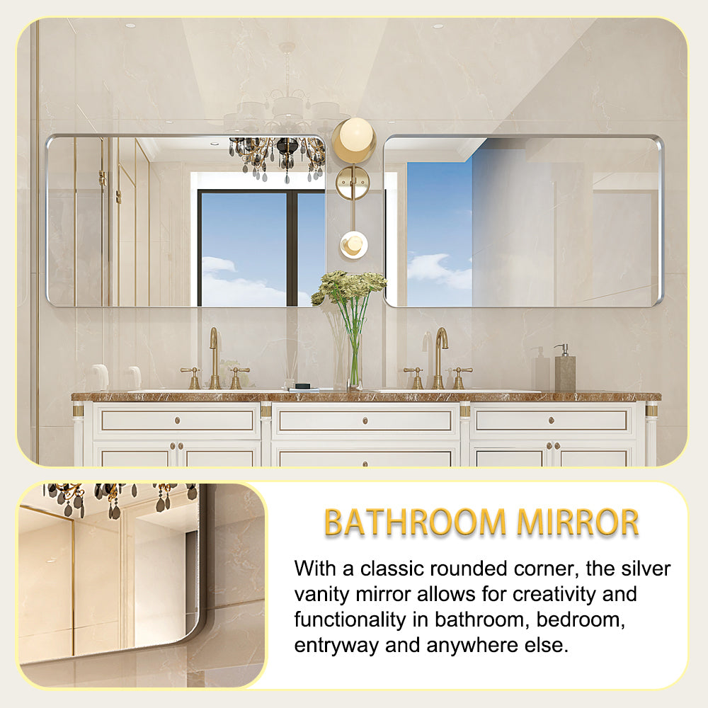 Glossy Brushed Silver Rounded Corner Rectangle Wall Mirror 36x30inch  (Horizontal & Vertical)