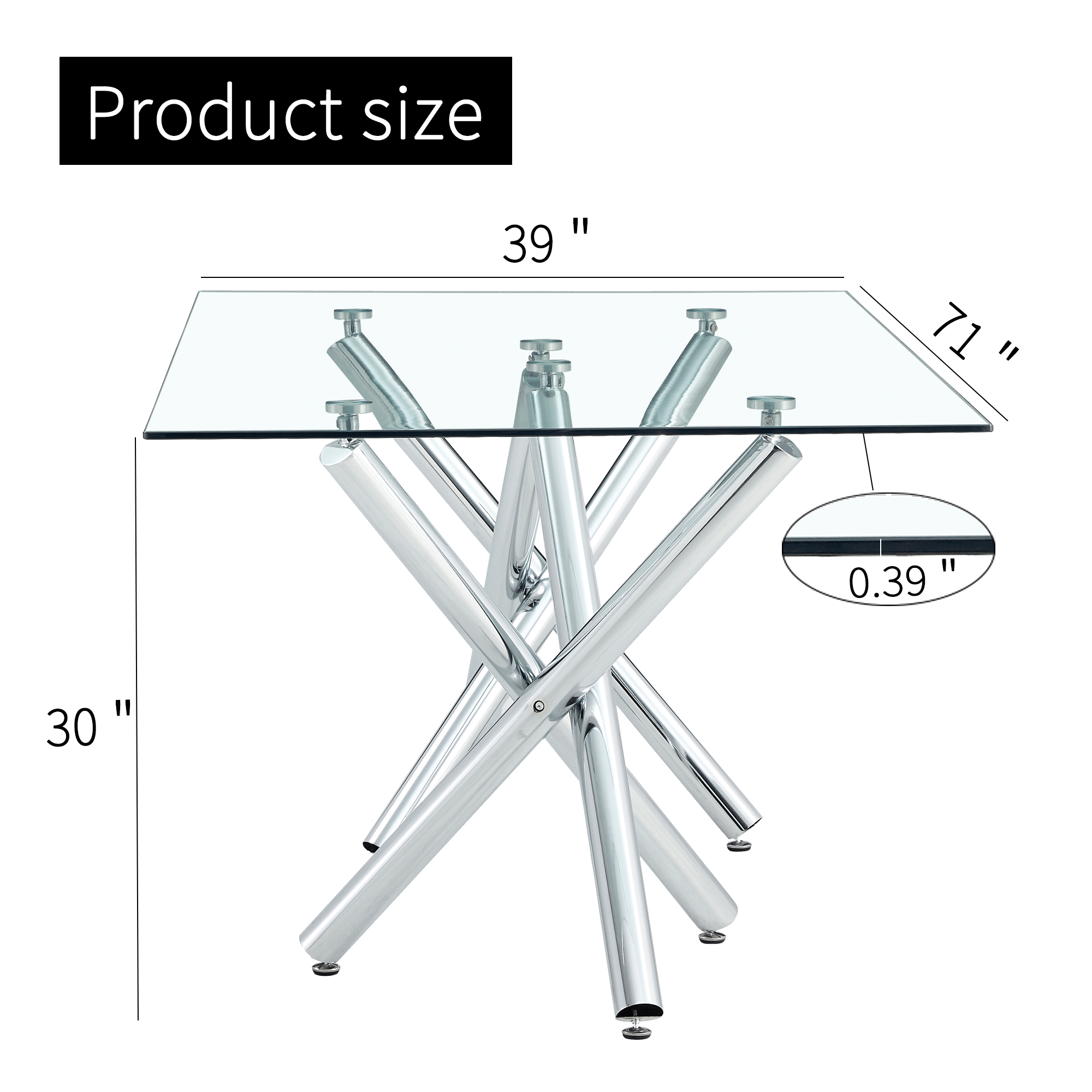 Modern Minimalist Rectangular Glass Dining Table for 6-8 with 0.39" Tempered Glass Tabletop and Silver Chrome Metal Legs