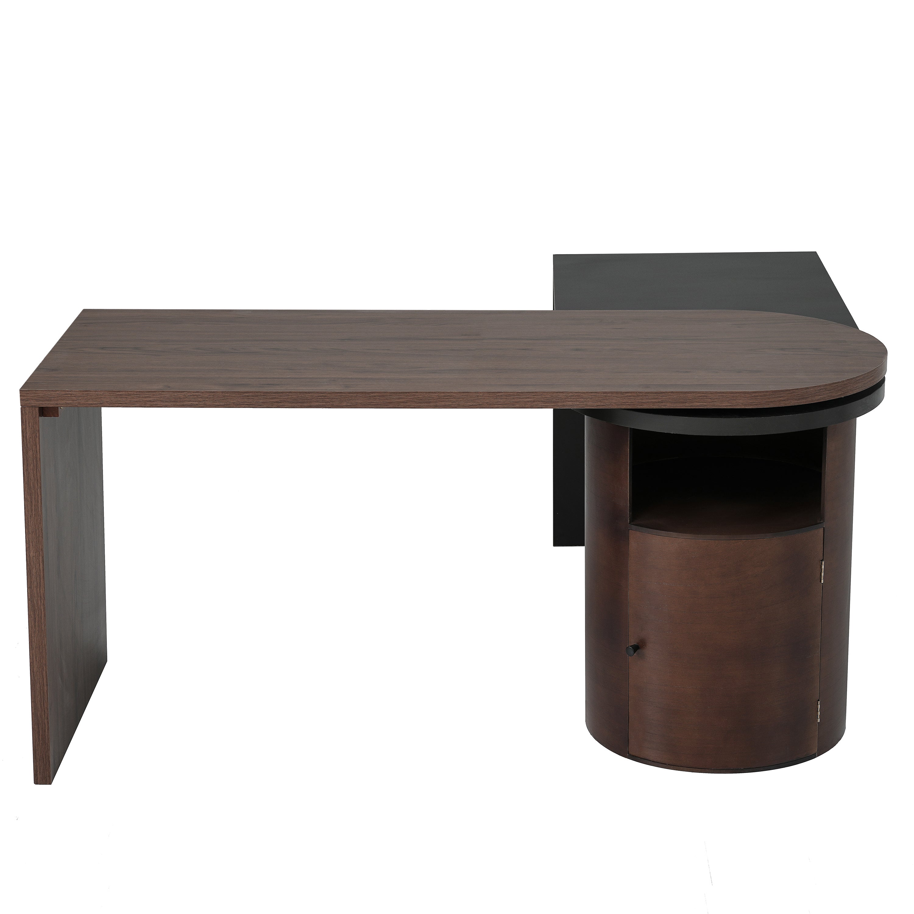 Modern L Shaped Desk in Walnut with 1 Cabinet and Open storage, 360° Wood Rotating Desk 56.92"  - Walnut