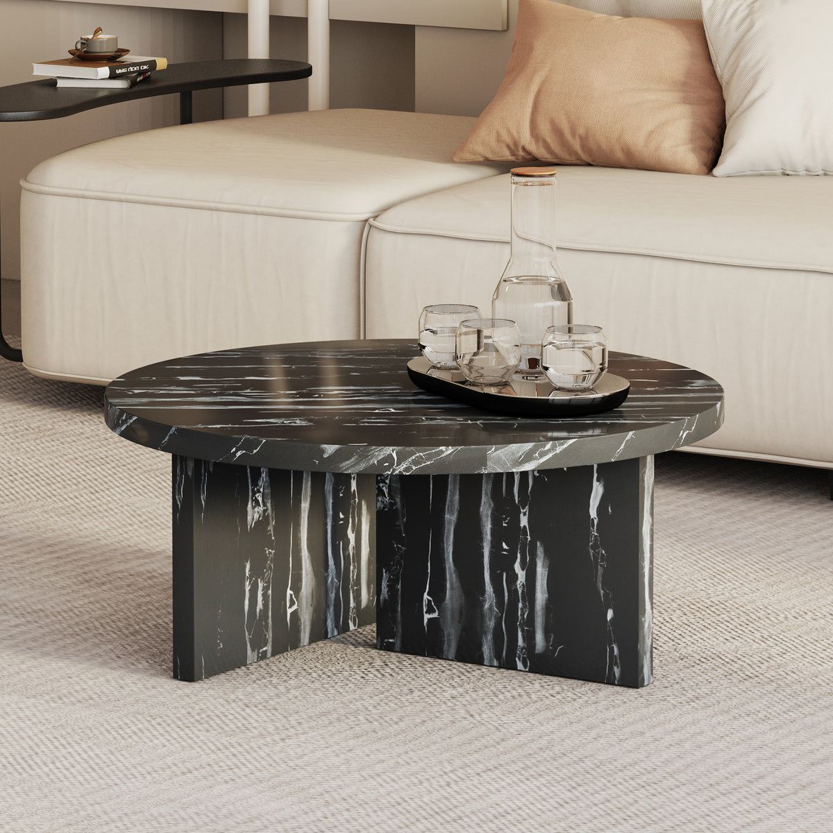 Modern Circular Coffee Table with Texture - Black