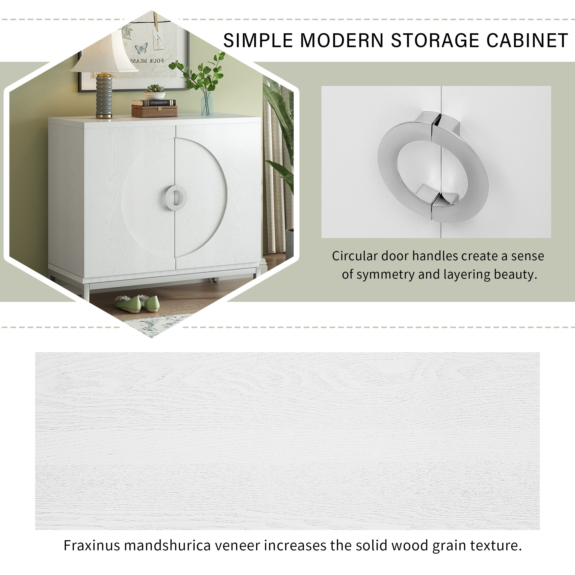 Accent Cabinet with Solid Wood Veneer and Metal Leg Frame for Living Room, Entryway, Dining Room - White
