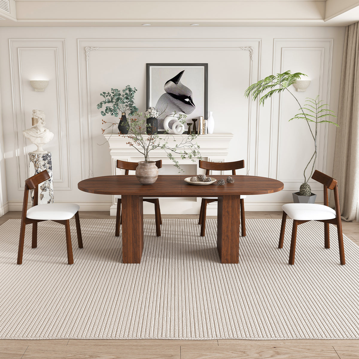 62.9-Inch Oval Dining Table Set for 6 with 4 Solid Wood Chairs, Walnut Veneer MDF Farmhouse Table, Waterproof Scratch Resistant Oval Dining Set