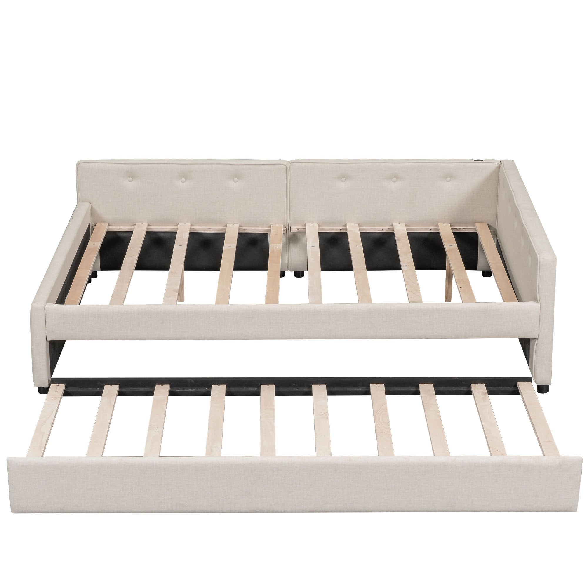 Full Size Upholstered Platform Bed with USB and Twin Size Trundle - Beige