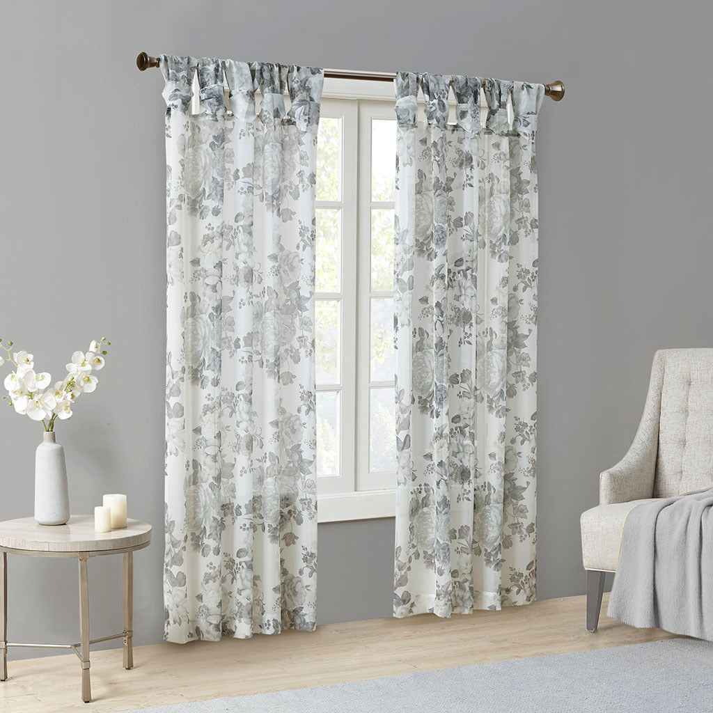 50x95" Printed Floral Twist Tab Top Voile Sheer Curtain - White