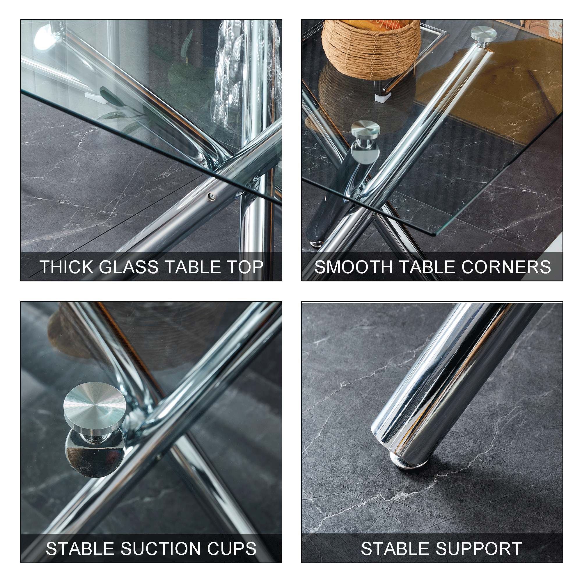 Modern Minimalist Rectangular Glass Dining Table for 6-8 with 0.39" Tempered Glass Tabletop and Silver Chrome Metal Legs