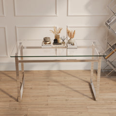 51' Modern Minimalist Rectangular Glass Dining Table for 4-6 with 0.31' Tempered Glass Tabletop and Silver Chrome Metal Legs, Writing Table Desk, for Kitchen Dining Living Room (0 damage)