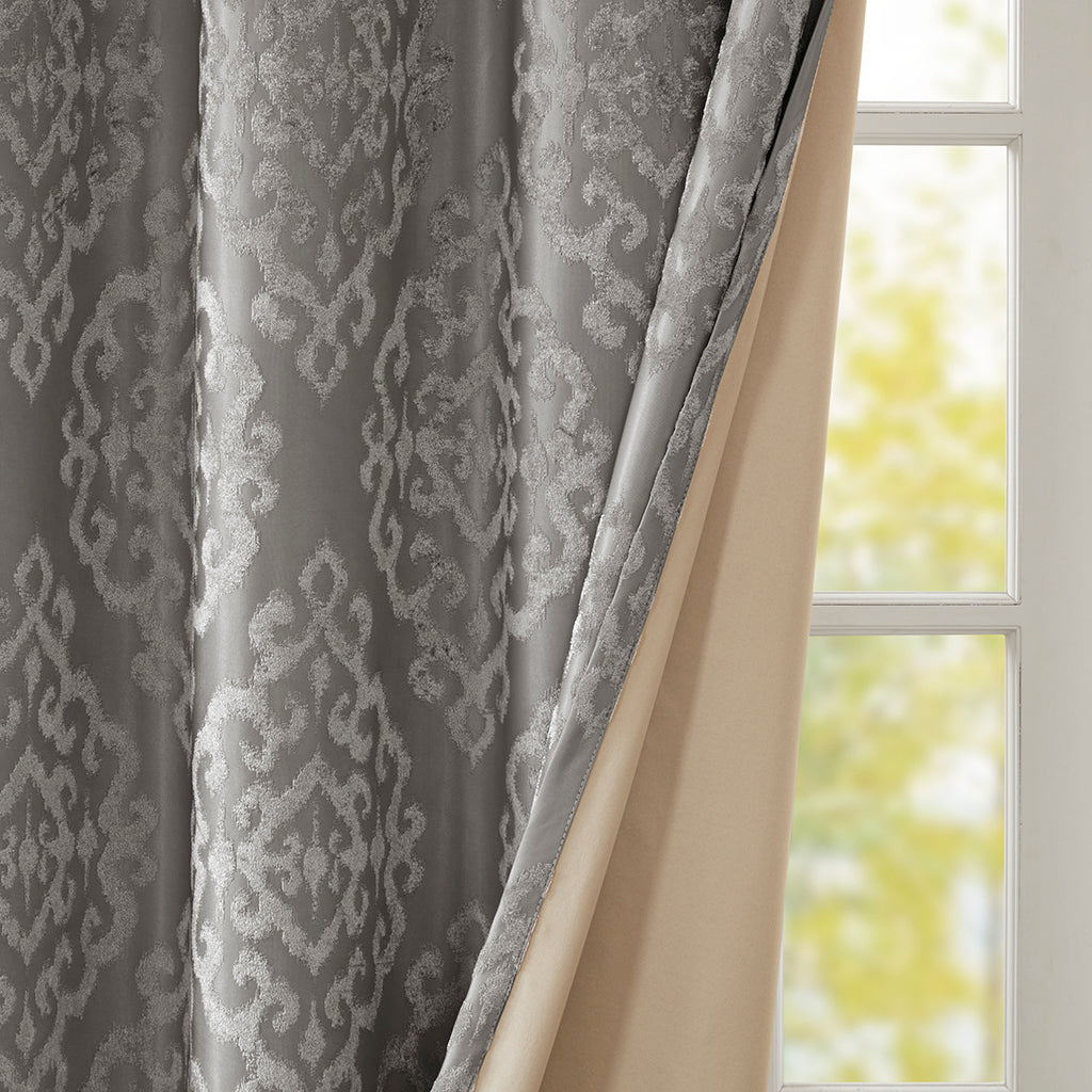 50x84" Knitted Jacquard Damask Total Blackout Grommet Top Curtain Panel - Charcoal