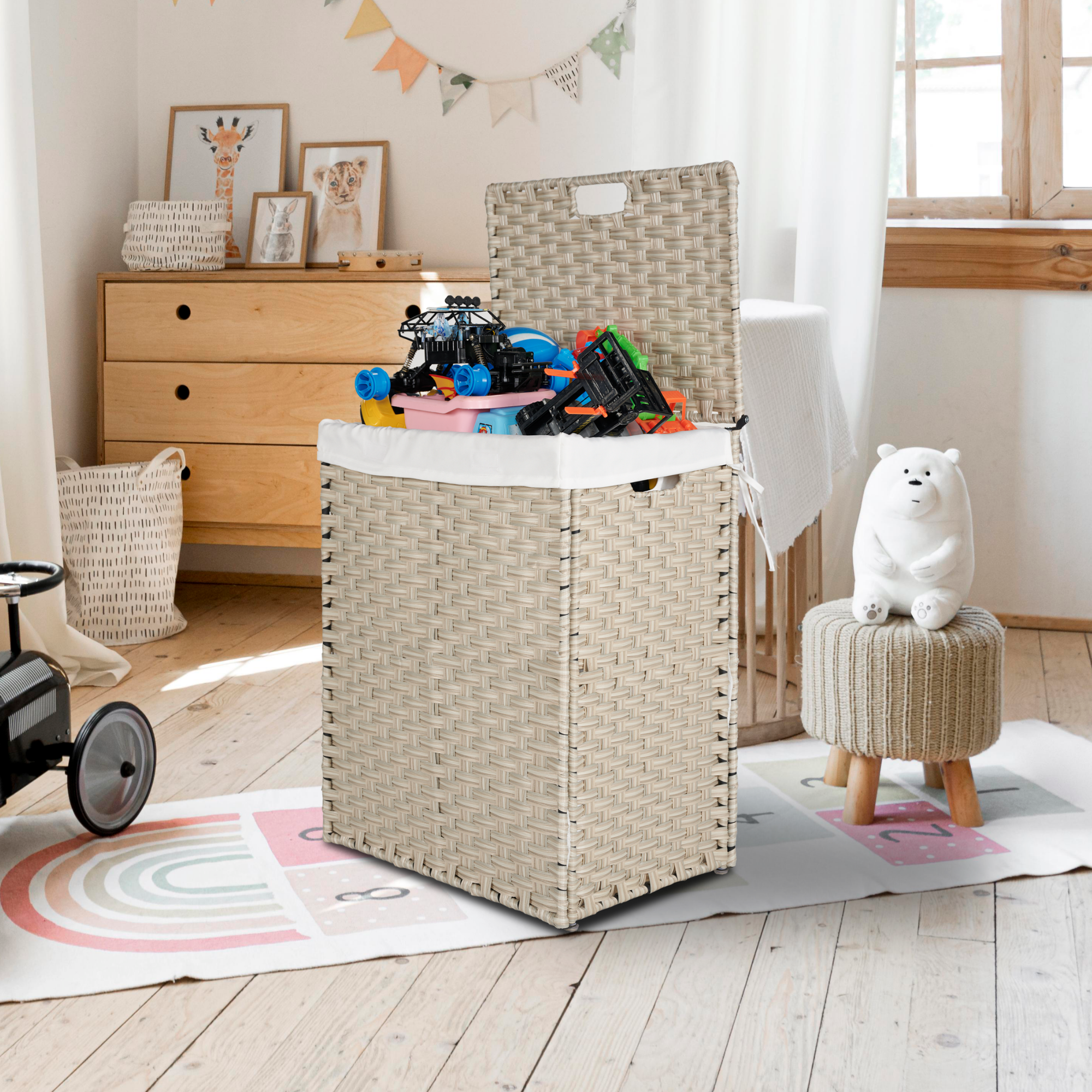 Laundry Hamper With Lid PE Rattan Powder Coating Frame Clothes with 2 Removable Bags, 100L - Light Grey