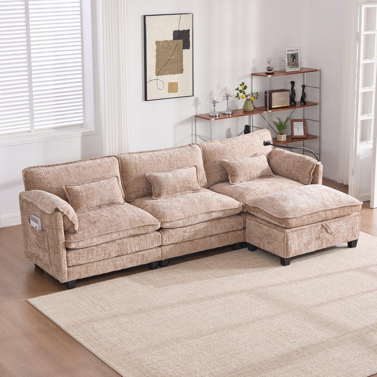 112' Oversized Sectional Sofa Cloud Couch for Living Room, Modern Chenille L Shaped Couch, Comfy Boucle Modular Sofa Sleeper with Movable Storage Ottoman, Phone Holder, USB Charging Port