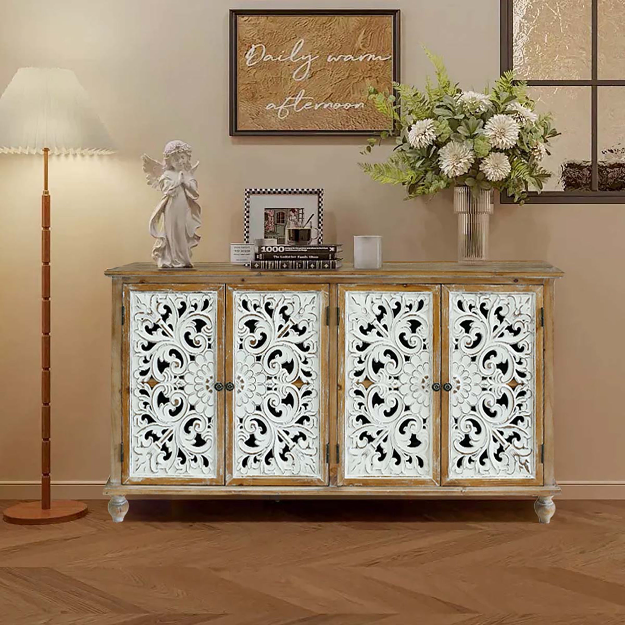 Farmhouse Sideboard Buffet with Storage, Accent Cabinet with 4 Doors, Wood Carved Floral Doors - Natural