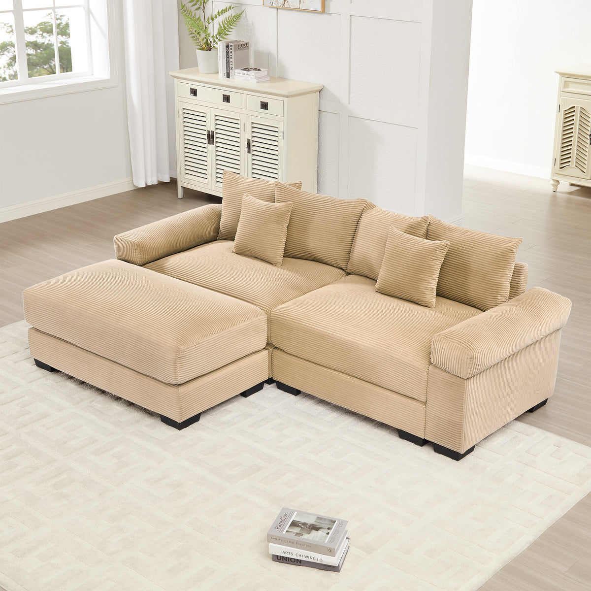92'  Oversized Cloud Modular L-Shape Sectional Couch, Soft Corduroy Fabric, with Ottoman, Deep Seat Wide Armrests, Ergonomic Design, 6 Throw Pillows, Easy Assembly, for Living Rooms, Lounges,Camel