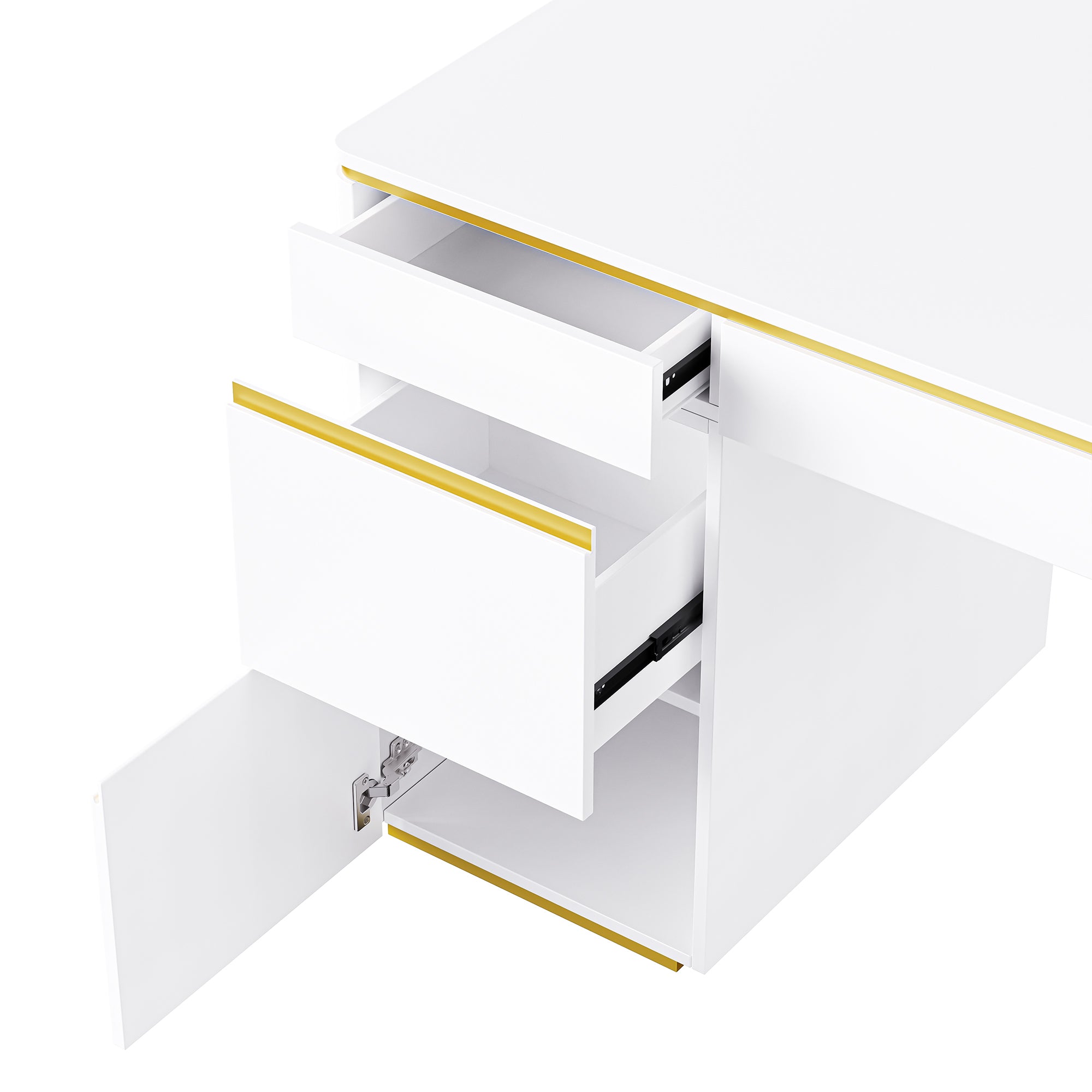 60''Modern Executive Desk,White Curved Computer Desk with Gold Metal Legs,3-Drawers Home Office Desk - Gold+White