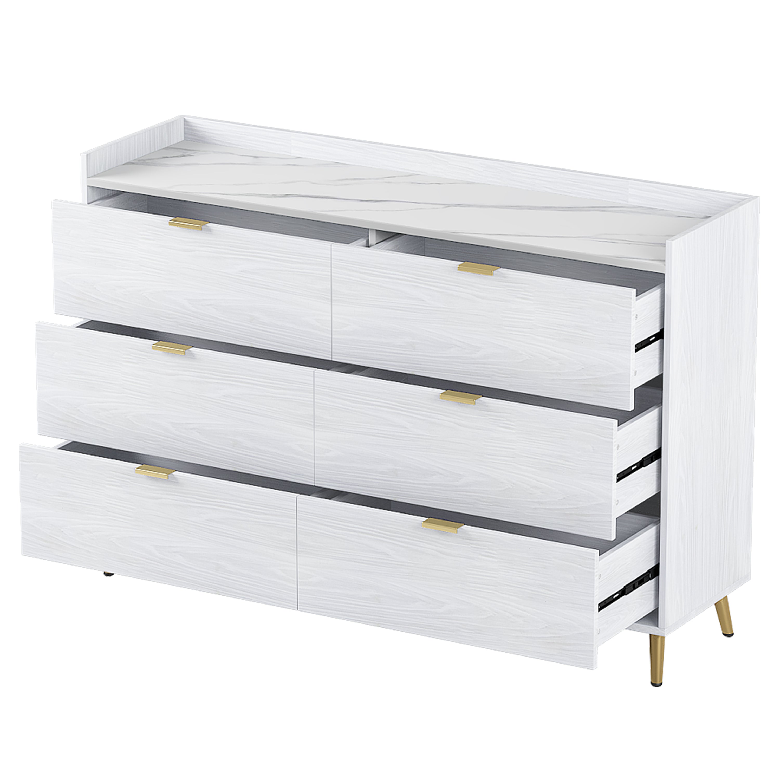 55" Long 6 Drawer Dresser with Marbling Worktop, Mordern Storage Cabinet with Metal Leg and Handle - White