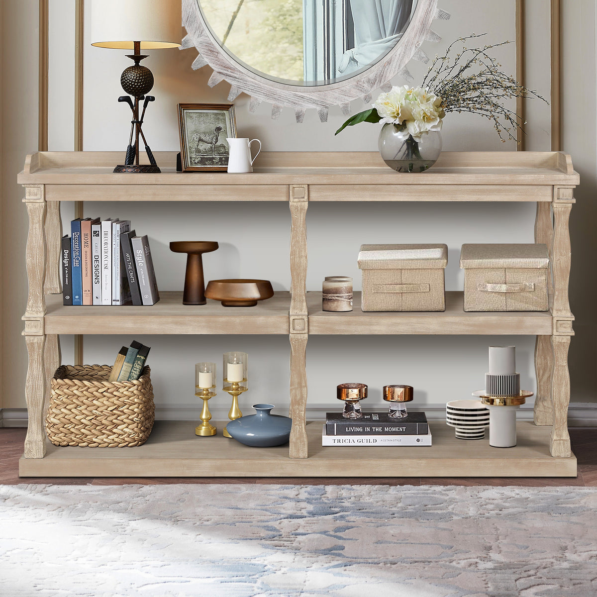 Console Table with 3-Tier Open Storage Spaces And Roman Column Effect Support Legs - Antique Wood+White
