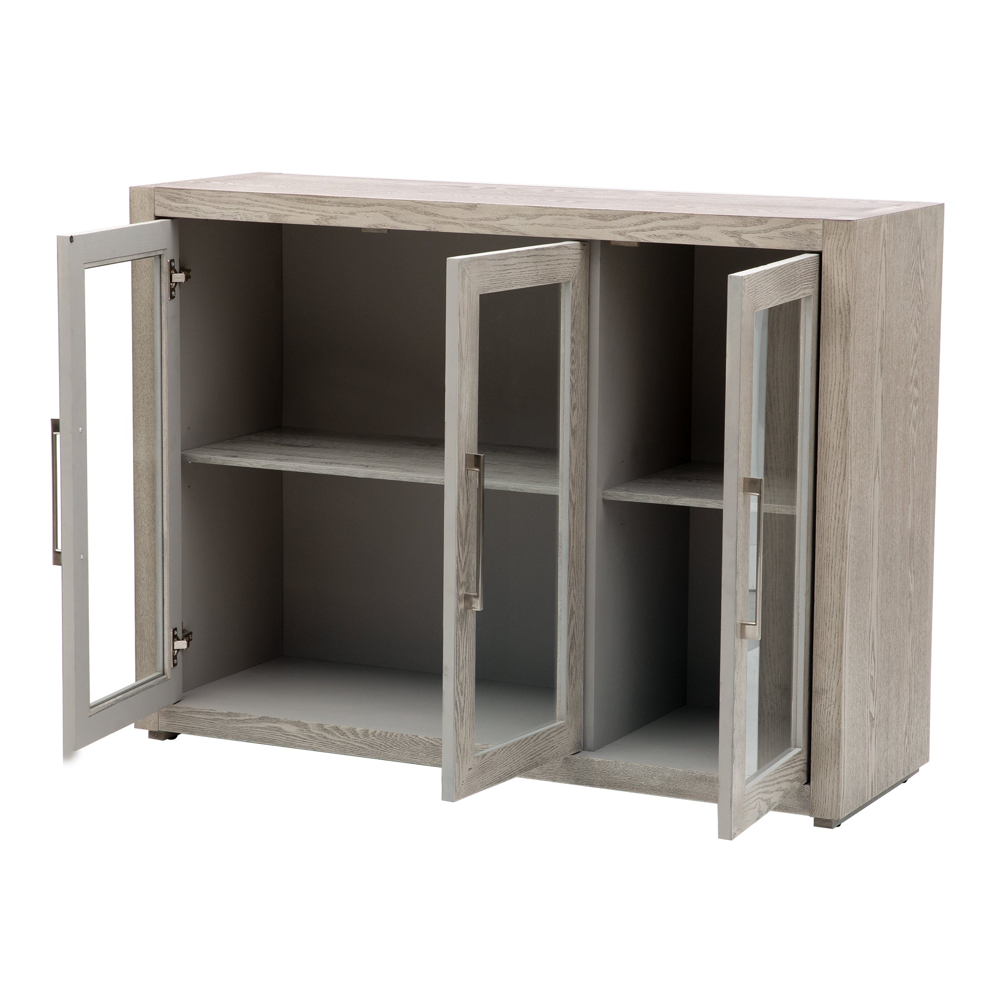 Wood Storage Cabinet with Three Tempered Glass Doors and Adjustable Shelf (Grey)