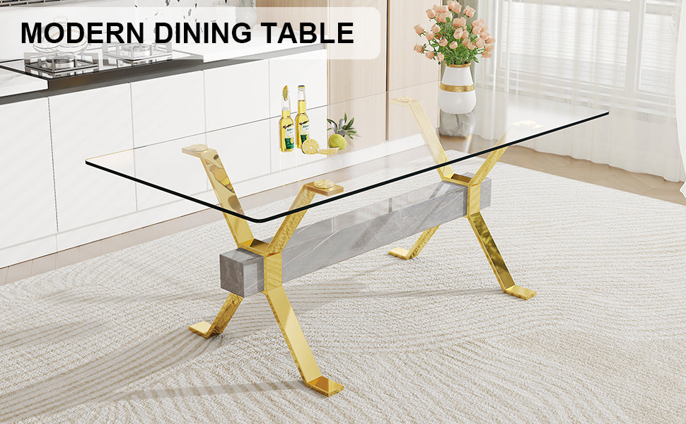 Modern Tempered Glass Dining Table - Transparent with Gold Plated Metal Legs (no chairs included))