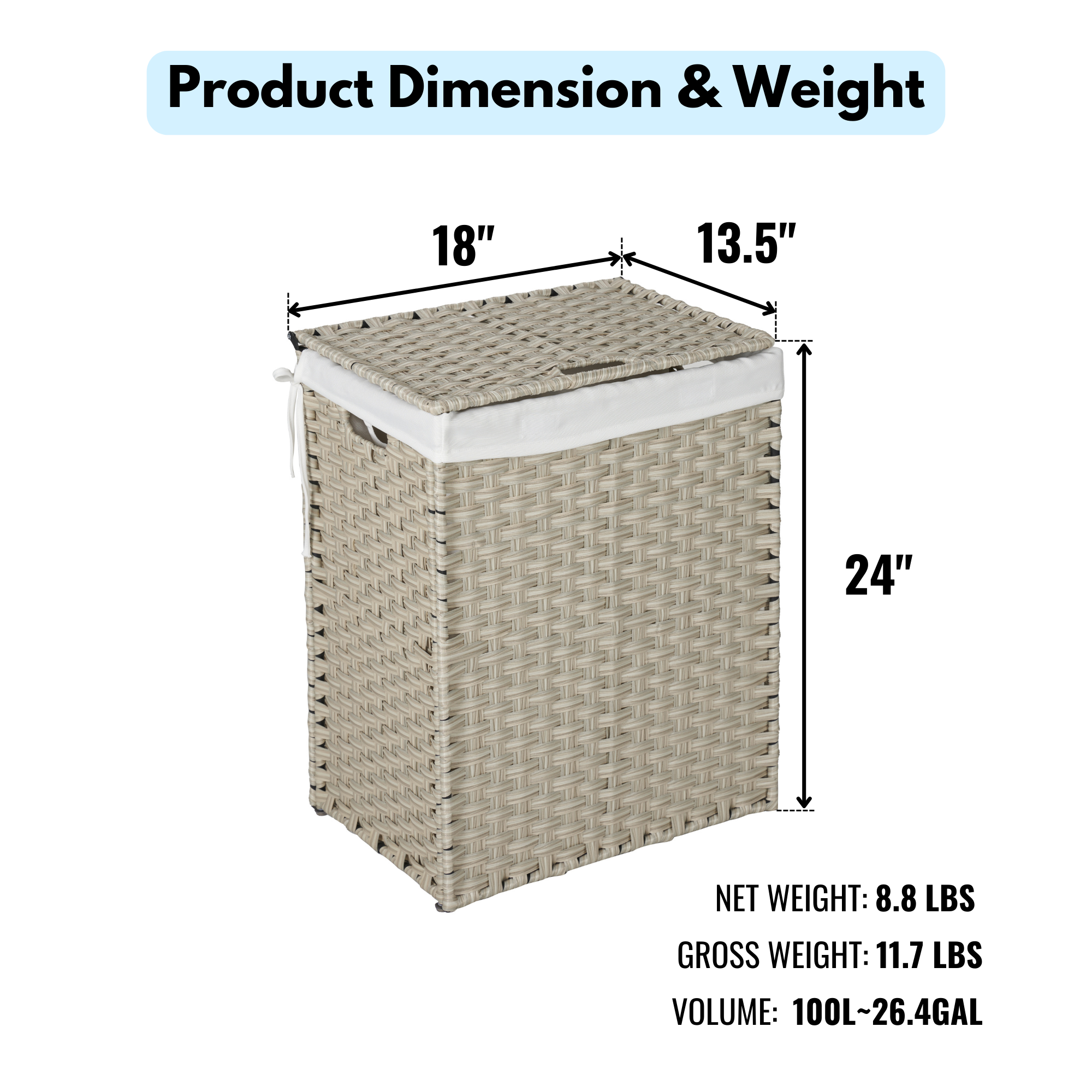 Laundry Hamper With Lid PE Rattan Powder Coating Frame Clothes with 2 Removable Bags, 100L - Light Grey